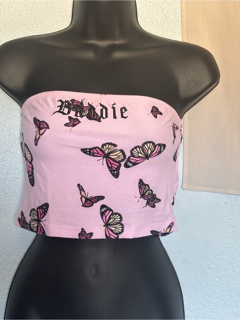 Rue21 Pink Butterfly Baddie Strapless Crop Top